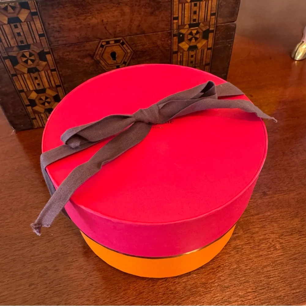 Kate Spade Round Jewelry Keepsake Box Pink Orange Ribbon